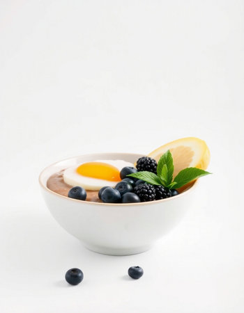 Oatmeal porridge with blueberries and blackberries in a bowl on a white backgroundの写真素材