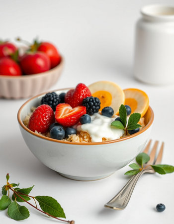 Healthy breakfast. Oatmeal with berries and yogurt in a bowl on a white background.の写真素材