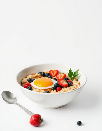 Oatmeal porridge with fresh berries and egg in a bowl on white backgroundの写真素材