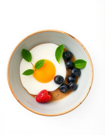 Fried egg with blueberries and strawberries in a bowl isolated on white backgroundの写真素材