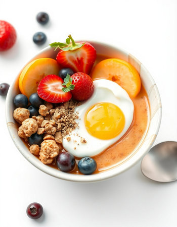 Healthy breakfast with yoghurt, berries and eggs on white backgroundの写真素材