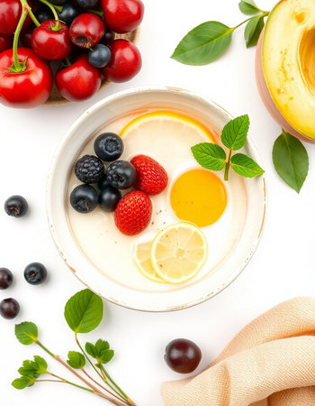 Yogurt with berries and lemon on a white background, top viewの写真素材