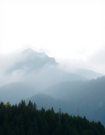 Foggy mountain landscape in the morning. Caucasus Mountains, Georgia.の写真素材
