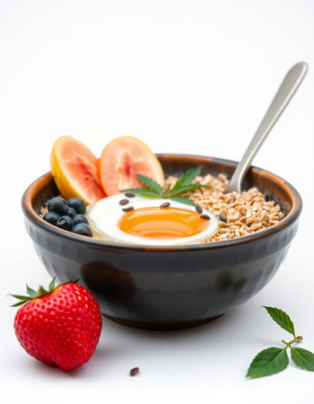 Healthy breakfast with omelet and fresh berries on white backgroundの写真素材