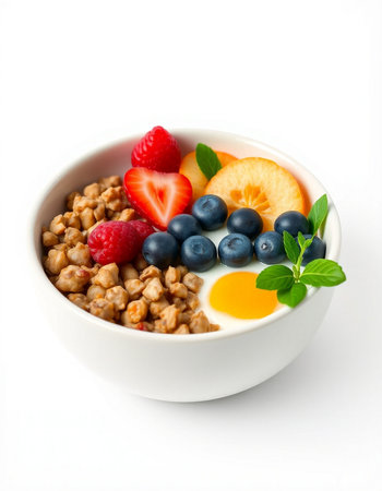 Healthy breakfast with oatmeal, berries and egg on white backgroundの写真素材