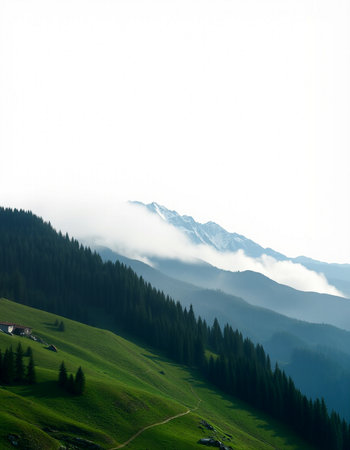 beautiful mountain landscape with green grass and fog on the hillsideの写真素材