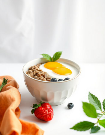 Healthy breakfast with oatmeal, yogurt and berries on white backgroundの写真素材