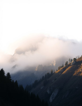 Mountain landscape with fog in the morning.の写真素材