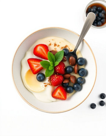 Yogurt with fresh berries and mint on a white background.の写真素材