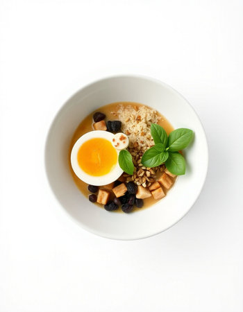 Miso Soup with Rice, Egg and Black Olivesの写真素材