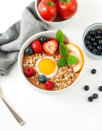 Healthy breakfast bowl with oatmeal, berries and egg on white backgroundの写真素材