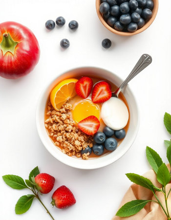 Healthy breakfast bowl with muesli, berries and milk on white backgroundの写真素材
