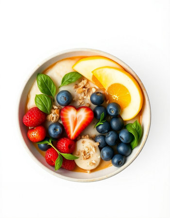 Healthy breakfast bowl with oatmeal, berries and fruits on white backgroundの写真素材