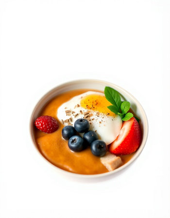 Smoothie bowl with strawberries, blueberries and whipped cream isolated on white backgroundの写真素材
