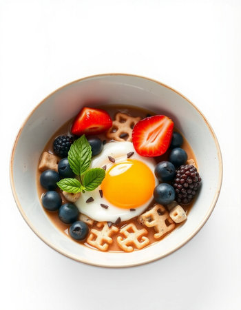 Breakfast with berries and waffles on white backgroundの写真素材