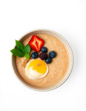 Bowl of oatmeal porridge topped with fresh berries and egg