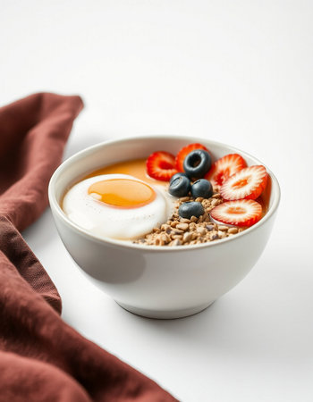 Healthy breakfast bowl with oatmeal, berries and fried egg on white backgroundの写真素材