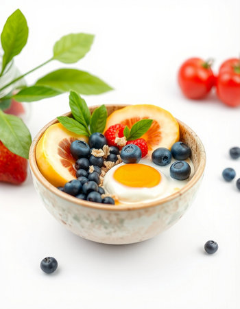 Healthy breakfast with omelet, berries and fruits on white backgroundの写真素材