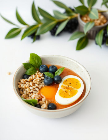 Healthy breakfast bowl with granola, eggs and blueberries on white backgroundの写真素材