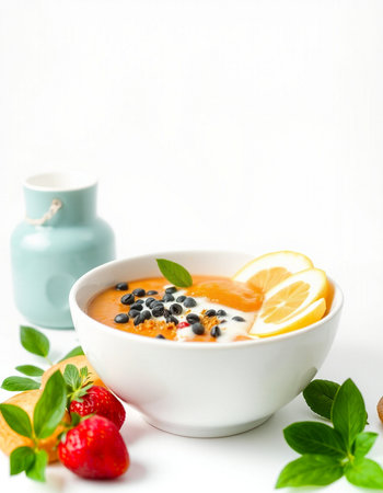 Pumpkin soup with fresh berries and yogurt on a white backgroundの写真素材