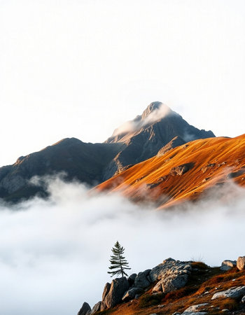 Foggy morning in the mountains. Beautiful alpine landscape.の写真素材
