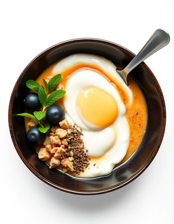 Fried eggs in a bowl with granola and blueberriesの写真素材