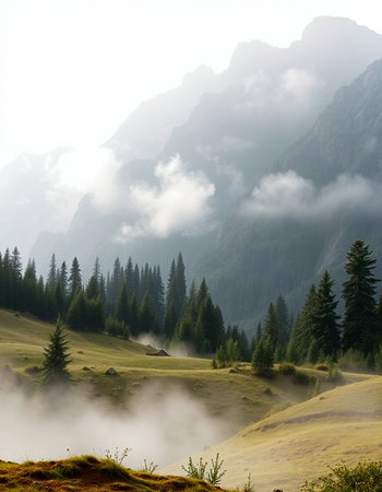 Mountain landscape with fog in the valley, Dolomites, Italyの写真素材