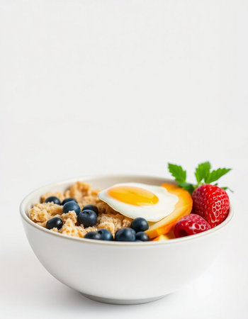 Healthy breakfast with oatmeal, berries and egg on white backgroundの写真素材