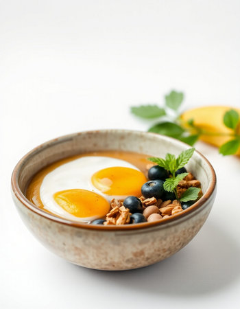 bowl of breakfast with berries and cereals on white backgroundの写真素材