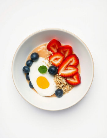 Breakfast with strawberries and blueberries on white backgroundの写真素材