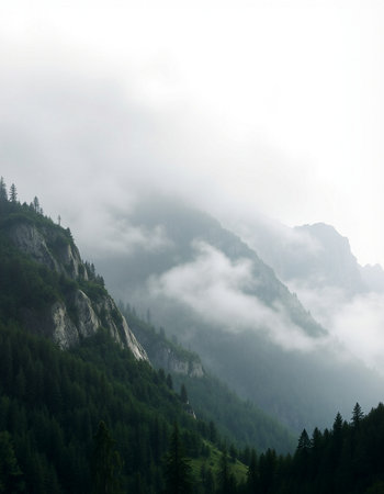 Misty mountain landscape with clouds and fog in Dolomites, Italyの写真素材