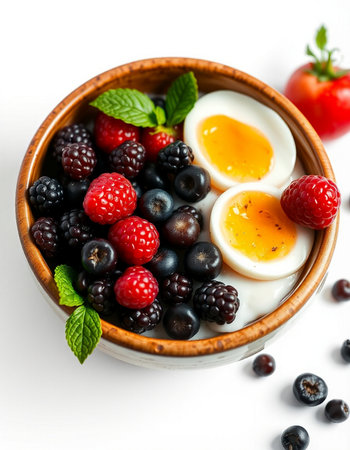 Healthy breakfast with yogurt, fresh berries and eggs on white backgroundの写真素材