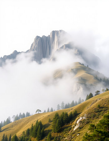Foggy morning in the Dolomites, South Tyrol, Italyの写真素材