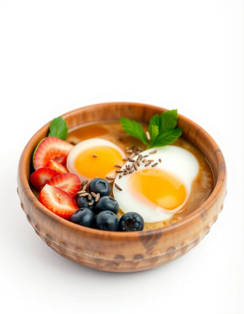 Breakfast with egg and berries in wooden bowl on white background.の写真素材