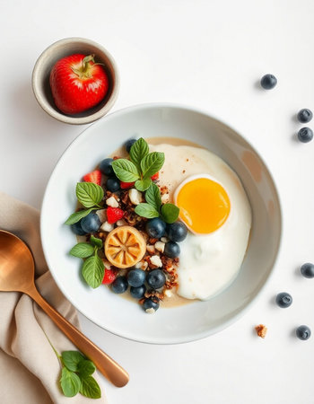 Healthy breakfast bowl with oatmeal, berries and fried egg on white backgroundの写真素材