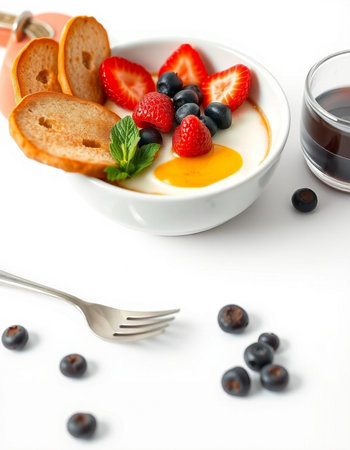 Healthy breakfast with yogurt, berries and toast on a white backgroundの写真素材