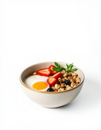 Breakfast with muesli, strawberry and egg on white backgroundの写真素材