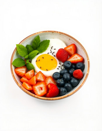 Healthy breakfast with strawberries, blueberries and egg on white backgroundの写真素材
