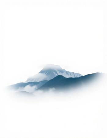 Mountains in the fog on a white background, Japanese style.の写真素材