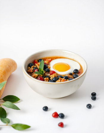 Healthy breakfast with oatmeal, berries and egg on white backgroundの写真素材
