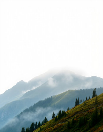 Mountain landscape with fog and forest on the hillside in the morningの写真素材