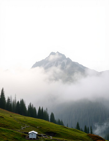 Foggy morning in the mountains. Beautiful summer landscape in the mountains.の写真素材