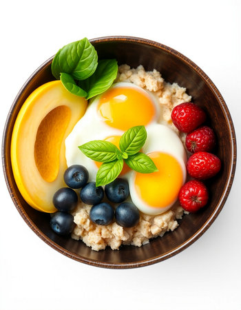 Oatmeal porridge with fresh berries and eggs in bowl isolated on white backgroundの写真素材