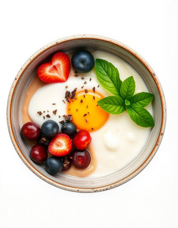 Healthy breakfast with yogurt, berries and egg isolated on white backgroundの写真素材