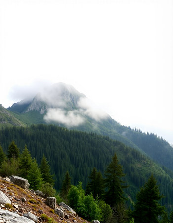 Mountain landscape with fog and clouds in Carpathian, Ukraineの写真素材