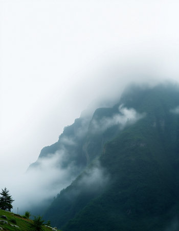Foggy mountain landscape in the Himalayas, Nepal.の写真素材
