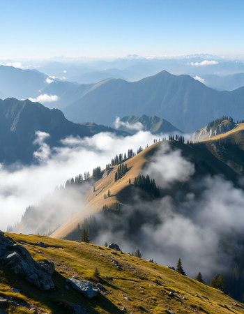 Beautiful alpine landscape with fog in the morning. Carpathian, Ukraine, Europe.の写真素材