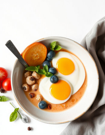 Fried eggs with blueberries on a white backgroundの写真素材