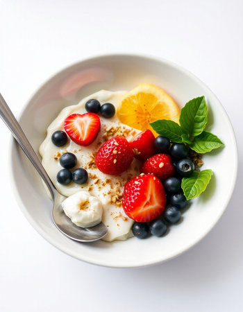 Yogurt with berries and mint on white background. Healthy breakfast.の写真素材