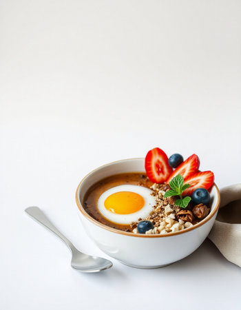 Healthy breakfast bowl with oatmeal, berries and egg on white backgroundの写真素材